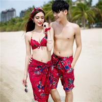Áo cưới đi biển màu đỏ đôi áo tắm nữ ba mảnh phù hợp che bụng Hàn Quốc áo tắm nóng bỏng quần bơi nam - Vài đồ bơi đồ đôi nam nữ đi biển