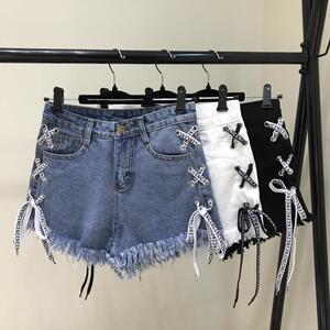 Thời trang Academy gió mùa hè mới hoang dã retro cao eo slim tie jeans quần chân rộng quần short của phụ nữ quần nóng