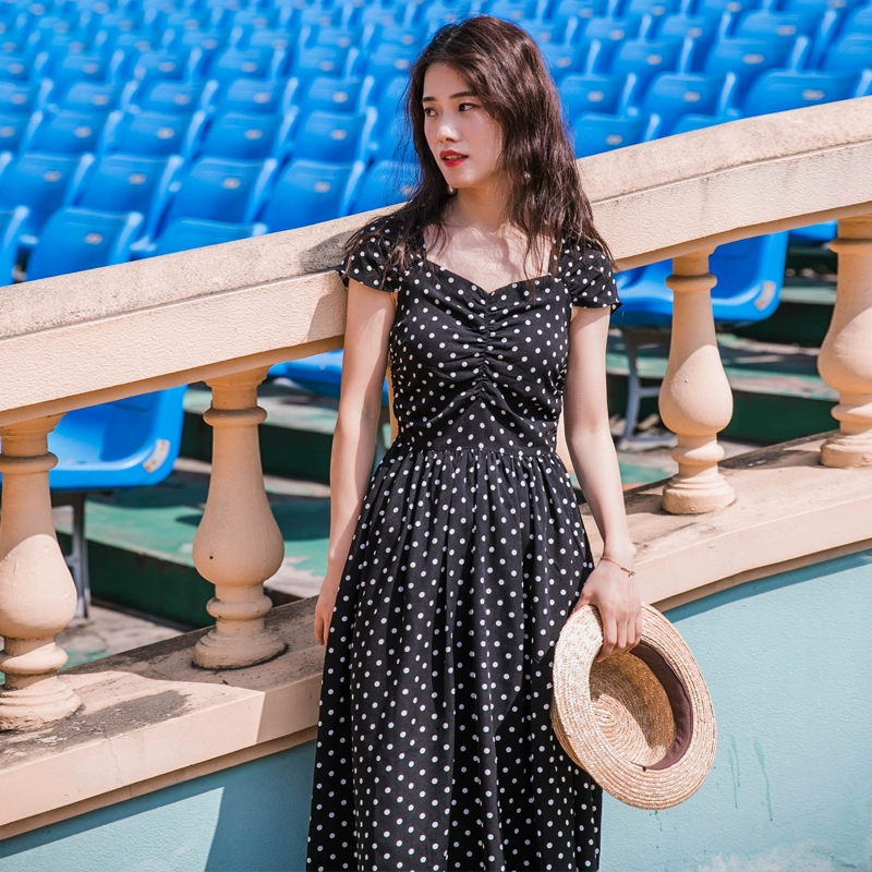 Mùa hè mới của Pháp váy voan chấm bi đen cổ chữ V kiểu Pháp nữ retro váy dài eo phong cách Hepburn - Váy eo cao