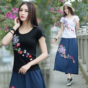 Mùa hè phong cách dân tộc phụ nữ thêu áo thun cotton ngắn tay Áo sơ mi nữ phong cách Trung Quốc cỡ lớn áo sơ mi tay rộng - Cộng với kích thước quần áo