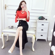 Phụ nữ mùa thu 2018 phiên bản mới của Hàn Quốc có khí chất xòe tay áo bảy điểm Slim slim túi đeo hông trước ngã ba đầm