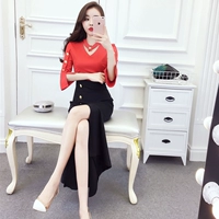 Phụ nữ mùa thu 2018 phiên bản mới của Hàn Quốc có khí chất xòe tay áo bảy điểm Slim slim túi đeo hông trước ngã ba đầm đầm khoét eo