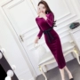 Quần áo nữ mùa thu 2018 phiên bản Hàn Quốc mới của các quý cô khí chất cổ tròn tay dài thon gọn túi đeo hông váy dài chân váy dài hàn quốc