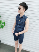 2018 mùa hè của nam giới Hàn Quốc phiên bản thiết lập tinh thần xã hội chàng quần short jeans hai mảnh thanh niên bộ quần áo
