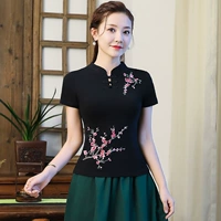 Mùa hè phong cách quốc gia phụ nữ thêu áo thun ngắn tay cotton nữ Trung Quốc phong cách lớn kích thước Slim retro đáy áo - Áo phông áo phông trơn