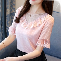 Voan áo sơ mi ngắn tay của phụ nữ mùa hè 2018 làn sóng mới Hàn Quốc phiên bản của hoang dã bìa belly ren quần áo siêu cổ tích áo sơ mi áo sơ mi trắng nữ công sở