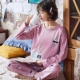 Bộ đồ ngủ dài tay cho phụ nữ mùa xuân và mùa thu cotton hai mảnh phù hợp với mùa thu và mùa đông nữ phục vụ nhà tươi mát cho sinh viên Hàn Quốc mùa hè có thể được mặc bên ngoài - Cặp đôi