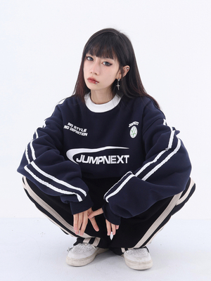 taobao agent Retro sports warm sweatshirt with letters, ethnic style, American style, round collar, with fleece, couple clothing for lovers