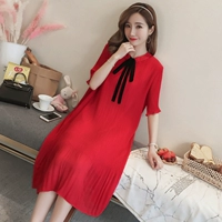 Thai sản dress mùa hè đầm voan dài bow xếp li ngắn tay thai sản dress loose Hàn Quốc phiên bản của triều mẹ đầm bầu công sở hàn quốc