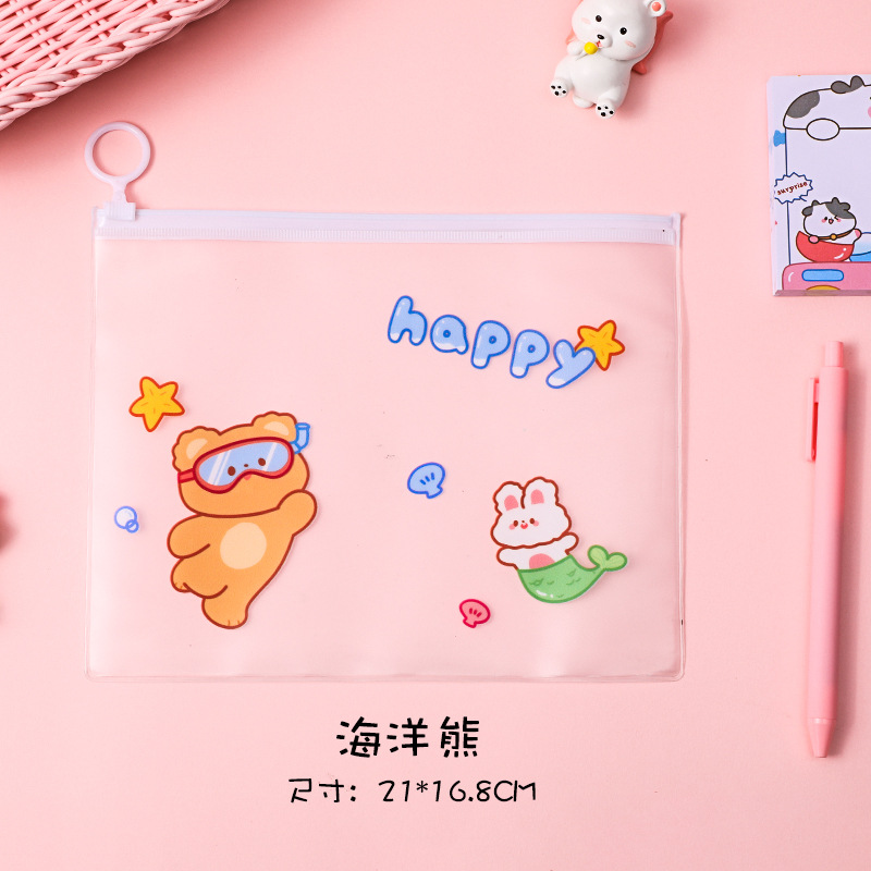 Sea Bearlovely Bear file pocket student desktop Stationery Storage Zipper bag Cartoon transparent waterproof test paper File bag
