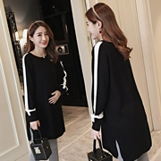 Trang phục bà bầu mùa thu đông Hàn Quốc phần dài của bà bầu áo len dệt kim chạm đáy áo thời trang váy mẹ bầu