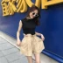 Hàn Quốc mùa hè mỏng u- cổ tay áo t- shirt vest + gỗ tai cao eo dây rút quần short rộng chân quần Quần tây thường
