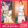 Ngôi sao Gu Li Naza với cùng một đoạn phụ nữ mới rất Xian Xia ăn mặc khí chất ren vest sọc dây váy - Váy eo cao 	váy buộc dây eo
