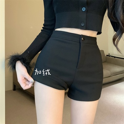 taobao agent Black warm elastic demi-season fitted shorts, high waist, A-line