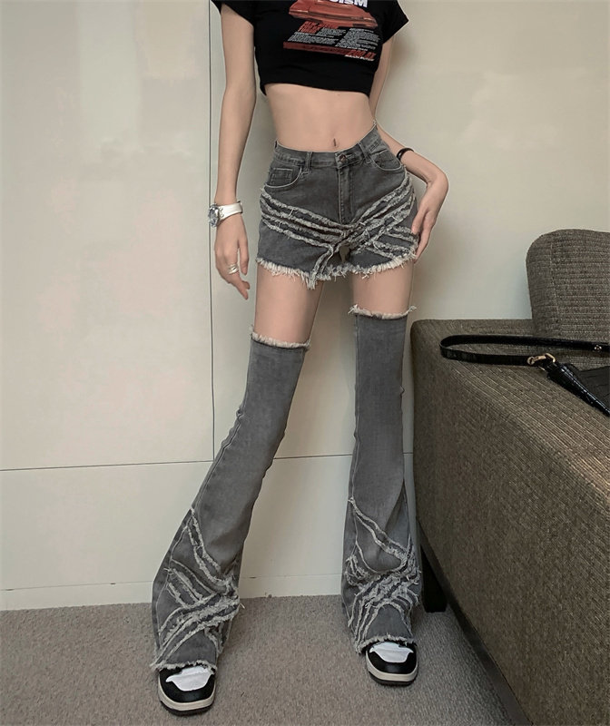 Grey fringed fringed jeans, women's summer straight-leg high-waisted slimming slightly flared pants, long pants detachable shorts