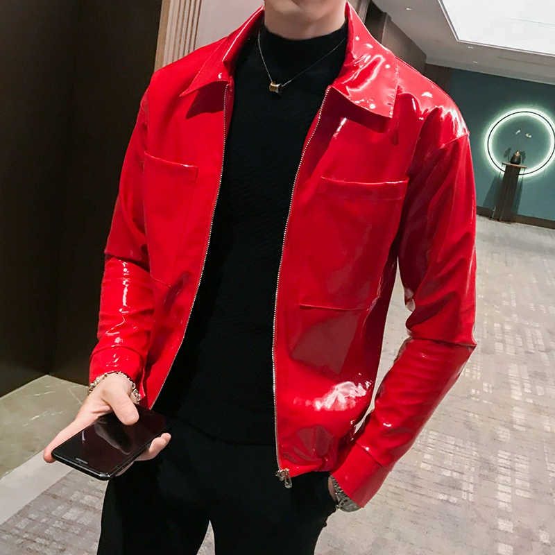 2019 New Bright Leather Leather Lapel Jacket Hàn Quốc Hợp thời trang Slim Slim Đẹp trai Quần áo Áo khoác da - Quần áo lông thú