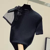 Трикотажная футболка, черный топ с бантиком, по фигуре