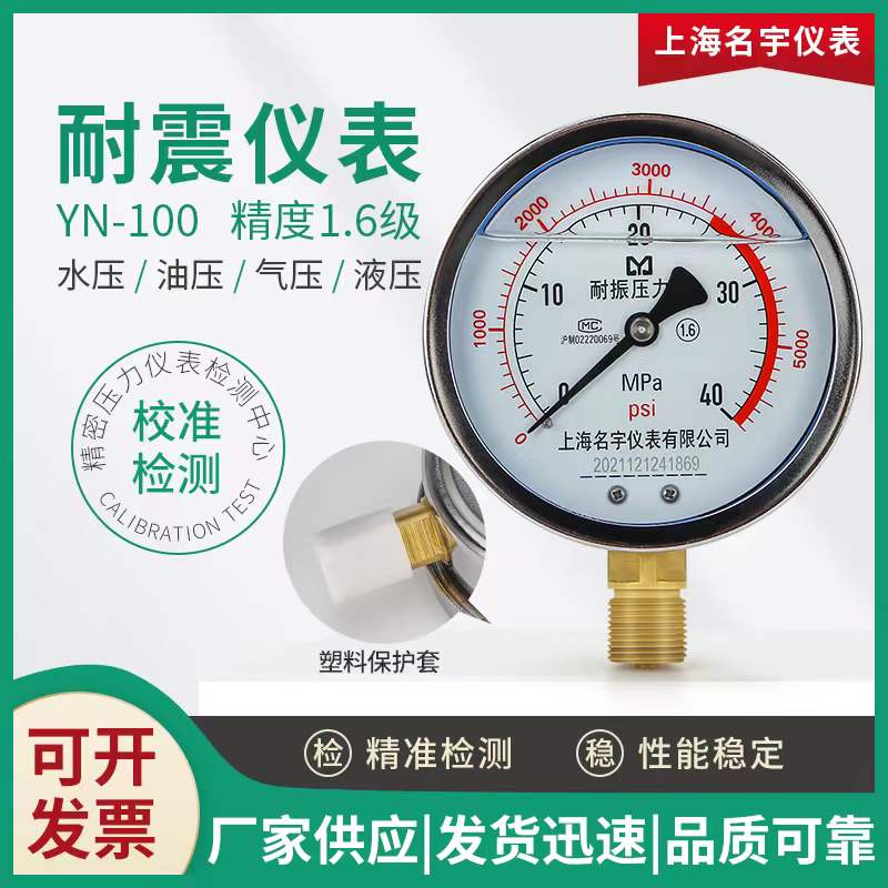 YN100 chống sốc đồng hồ đo áp suất 0-0.6/1.6/2.5MPa áp suất nước áp suất dầu đồng hồ đo thủy lực chống địa chấn xuyên tâm lắp đặt