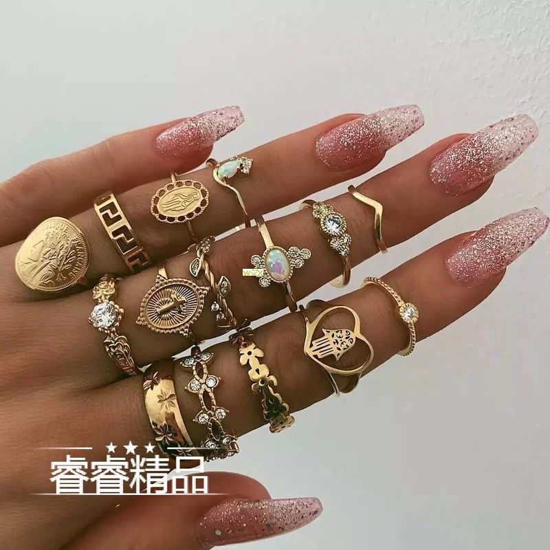 Ring set 15 pcs, vintage women's gold-tone joint/stackable rings, mixed styles