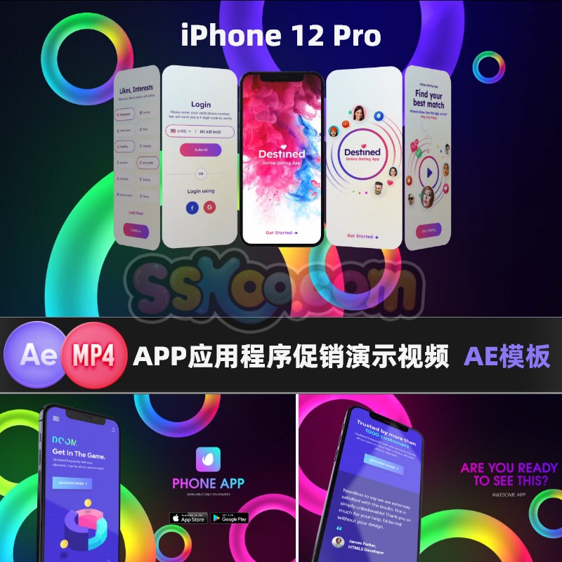 iPhone12Pro苹果手机样机APP应用程序动效特效促销展示视频AE模板
