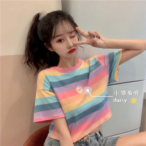 彩虹条纹网红短款t恤女夏季ins超火小雏菊短袖圆领宽松学生上衣潮