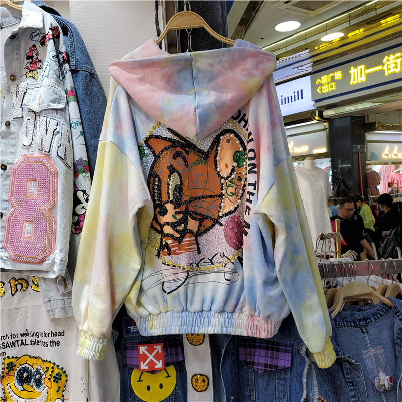 PinkEuropean station 2021 spring new pattern European goods Long sleeve zipper Cardigan Sweater Halo dye heavy industry Inlaid diamond Medium and long term loose coat female