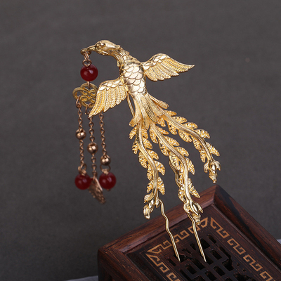 taobao agent Phoenix, Chinese hairpin with tassels, Hanfu, golden hair accessory