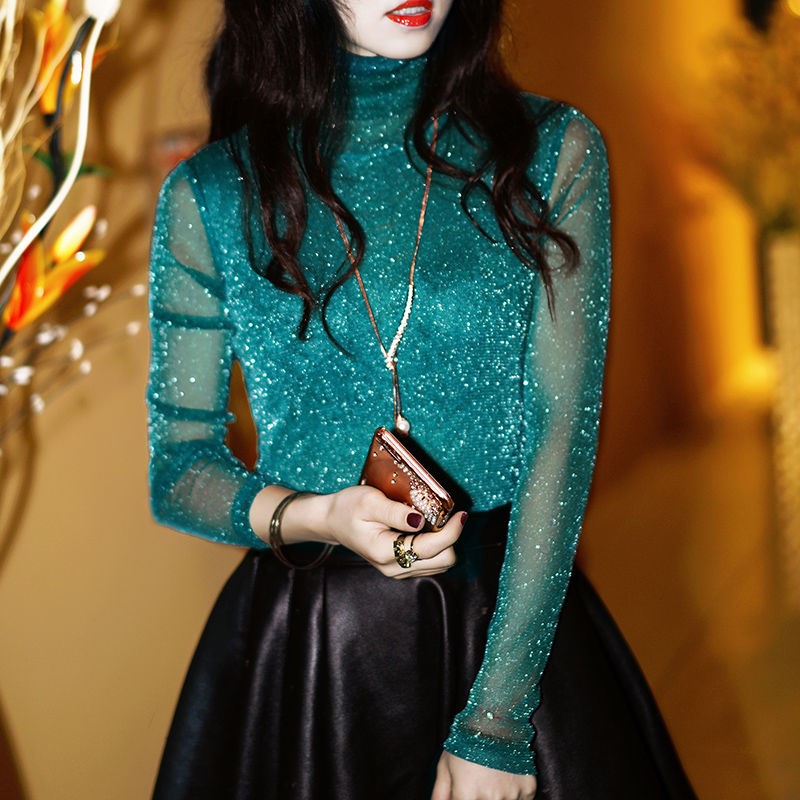 High Collar Peacock [Thin]2021 Spring  new pattern Crew neck Plush Lace female Long sleeve Versatile Self cultivation Big size thickening T-shirt Bottom up Small shirt