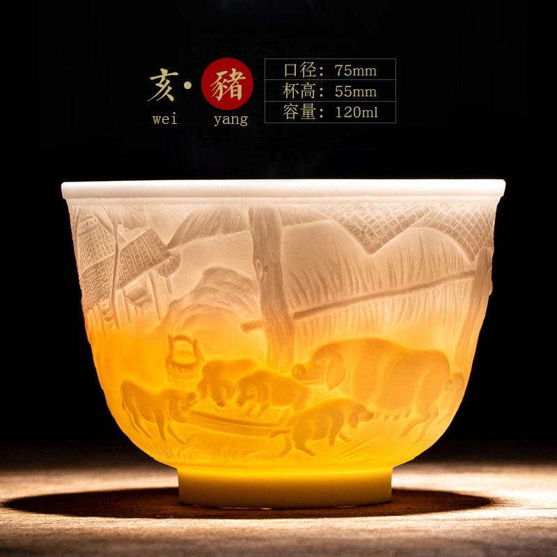 Zodiac Cup - PigDiscipline Poetic philosophy high-end Zodiac cup Jingdezhen carving Jianzhan man teacup Master's Cup Kung Fu Tea Single cup Tea cup