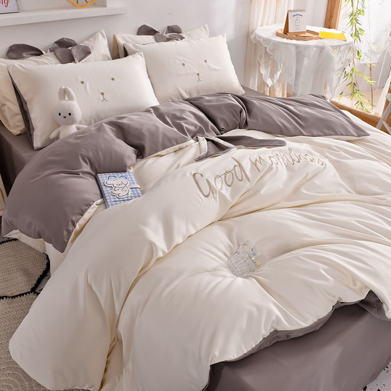 Style 9real silk Ice smooth Solid color Two color Rabbit ears summer quilt Sleep naked Princess style Sheet and fitted sheet piece cover pillow case Four piece suit