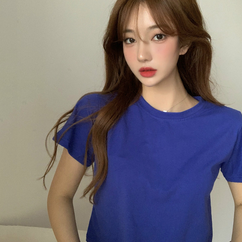 Navy Bluesummer Korean version have cash less than that is registered in the accounts Exposed navel Self cultivation T-shirt 2021 new pattern Women's wear easy Short sleeve Solid color Simplicity Built in jacket