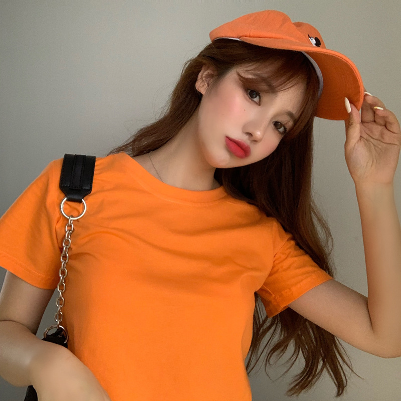Orangesummer Korean version have cash less than that is registered in the accounts Exposed navel Self cultivation T-shirt 2021 new pattern Women's wear easy Short sleeve Solid color Simplicity Built in jacket