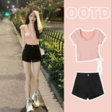 Сексуальный розовый комплект, джинсовая юбка, короткий рукав