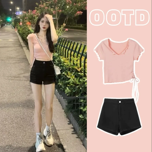 Сексуальный розовый комплект, джинсовая юбка, короткий рукав