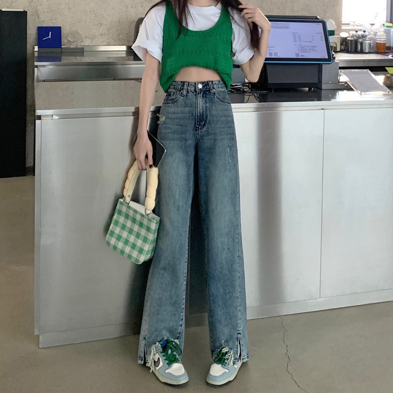 Design sense fringed high-waisted jeans for women, 2022 new autumn loose straight-leg slimming wide-leg long pants