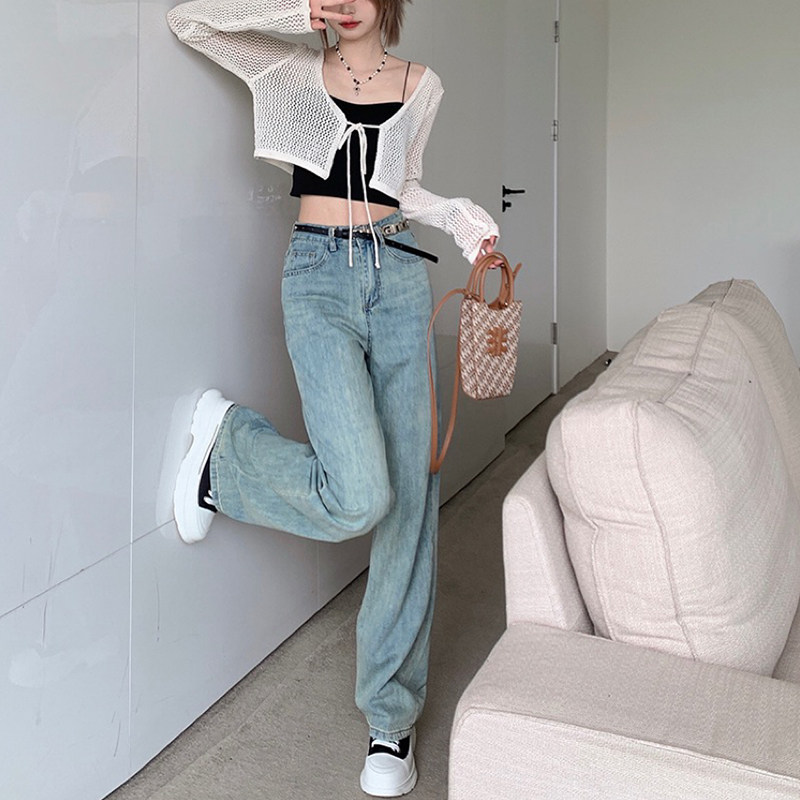 Retro light blue high-waisted jeans for women, 2022 new autumn loose straight-leg slimming wide-leg long pants, trendy