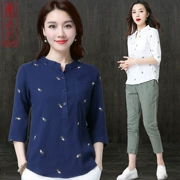 Mùa hè 2019 mới cotton và vải lanh tay áo bảy điểm Áo thun nữ cỡ lớn thêu lỏng phiên bản Hàn Quốc của áo sơ mi nữ quần áo thủy triều mùa thu - Áo phông