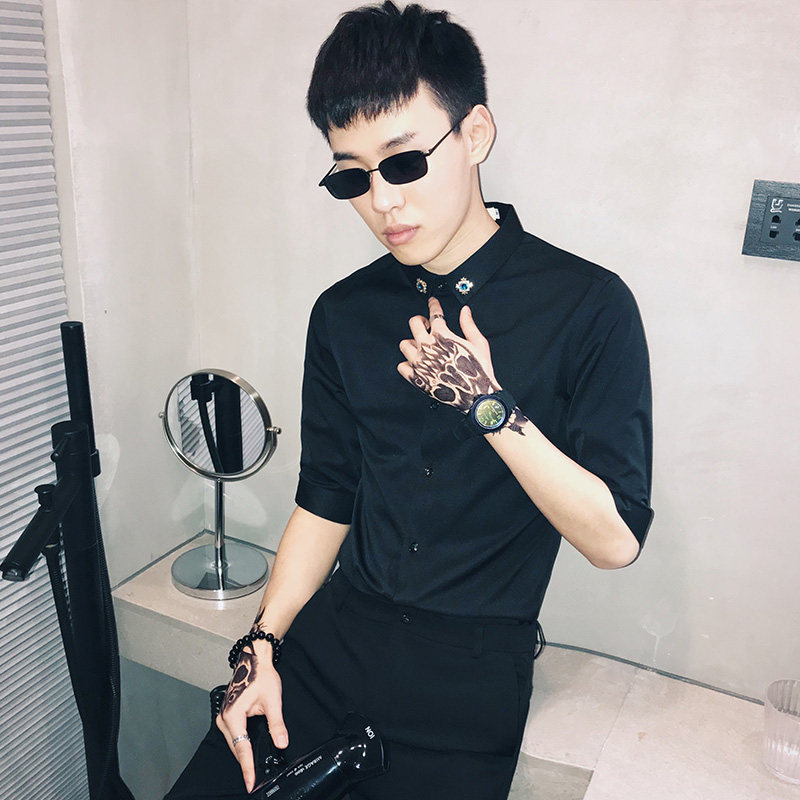 d52/社会小伙风2019夏季韩版修身中袖五分袖衬衣男衬衫s-5xl p45