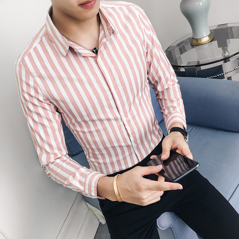 f01/英伦酒店风2018秋冬韩版男士弹力宽条纹衬衫修身男s-5xl p50