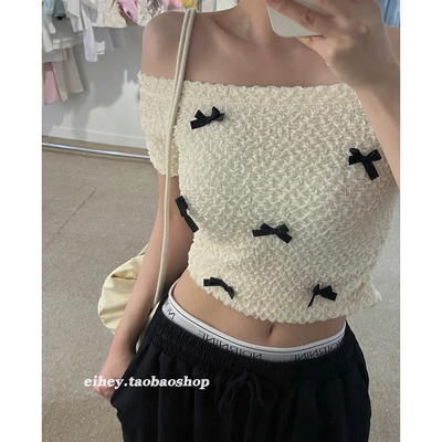 taobao agent Eihey eh hey ballet girl butterfly ribbon fold word collar short -sleeved off -the -shoulder slim short T -shirt top