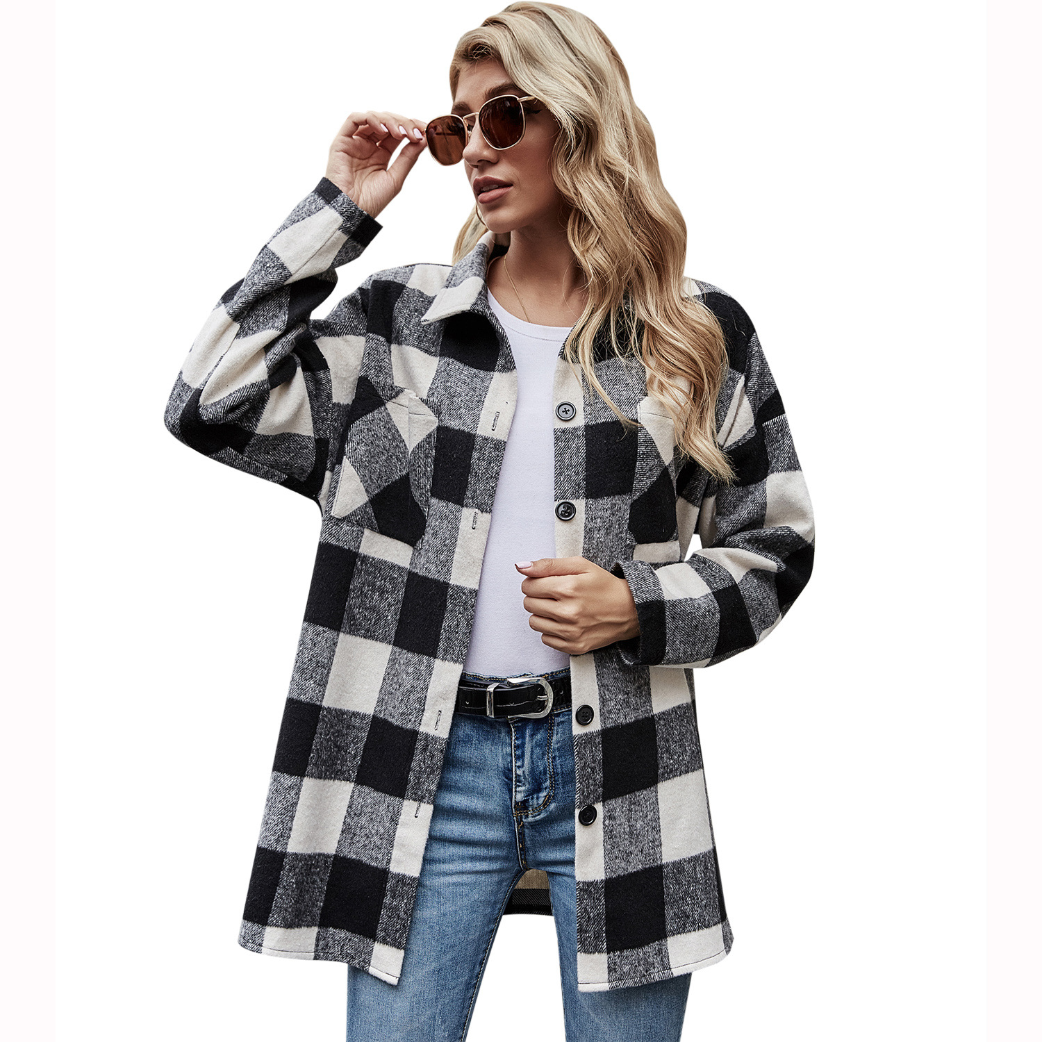 Polychromatic2021LadiesPlaidShirtLongSleeveLooseCasualJacketcoat