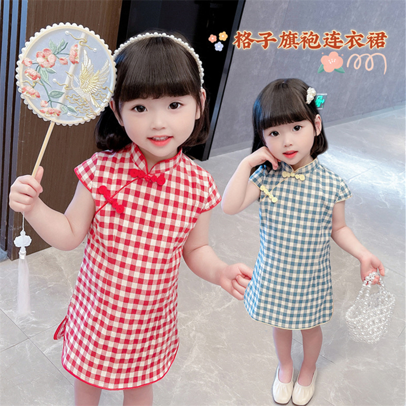 Summer skirt, cheongsam, children's girls dress, retro Hanfu, with short sleeve