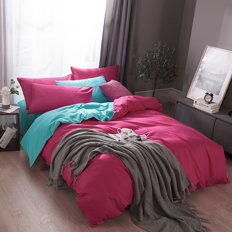 Blue + Roseviolet Cotton pure cotton Solid color Four piece suit bedding article sheet Quilt cover monochrome Spring and Autumn sheets bedding summer
