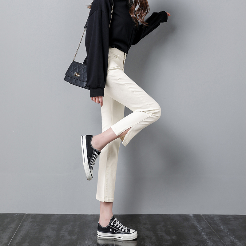 Apricot [Capris]Straight pants female 2021 new pattern Hot money summer High waist Split Jeans Thin little chap Eight points Pipe pants