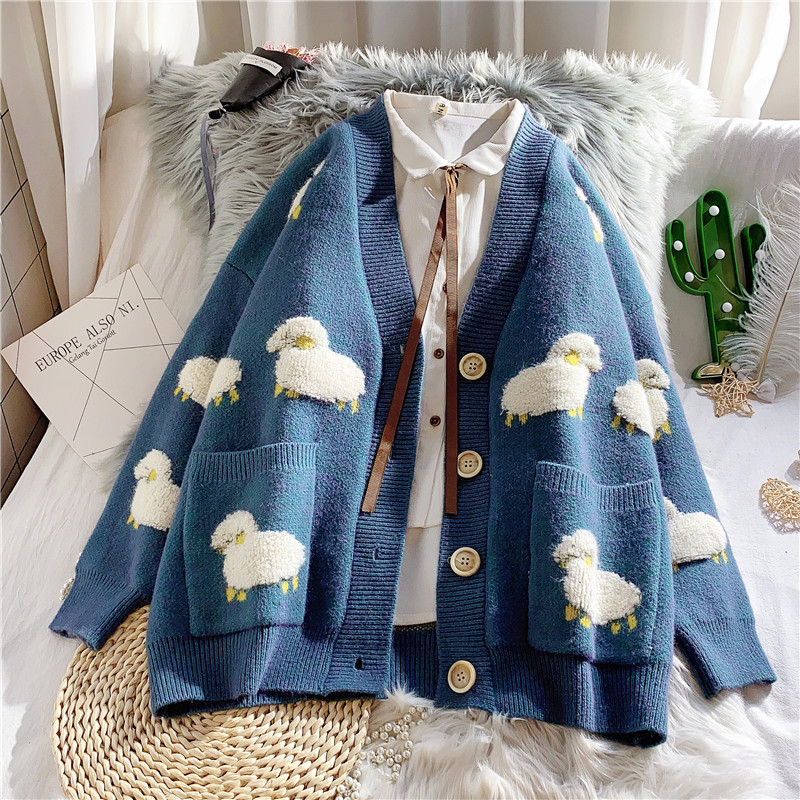 BlueSpring  sweater 2021 new pattern female easy Wear out Sweater Cardigan Medium and long term Lazy wind loose coat Foreign style
