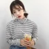 2018 phiên bản Hàn Quốc mới của mùa thu lỏng phong cách Harajuku sọc cao cổ áo dài tay áo thun học sinh chạm đáy áo sơ mi nữ áo thun tay lỡ Áo phông