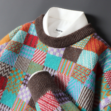 Свитер мужской 100%纯羊绒衫男秋冬新款圆领撞色青年加厚格子毛衣宽松羊毛针织衫