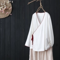 Áo sơ mi Trung Quốc cải tiến áo sơ mi Hanfu màu áo cardigan màu ren nghệ thuật retro Phù hợp với trà Zen và áo sơ mi vải lanh nữ - Áo sơ mi sơ mi nữ tay dài cột nơ