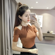 2017 mùa hè mới slim slimming khí treo cổ từ cổ áo sơ mi Hàn Quốc phiên bản của màu rắn dệt kim ngắn tay t-shirt phụ nữ