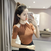 2017 mùa hè mới slim slimming khí treo cổ từ cổ áo sơ mi Hàn Quốc phiên bản của màu rắn dệt kim ngắn tay t-shirt phụ nữ áo phông dài tay